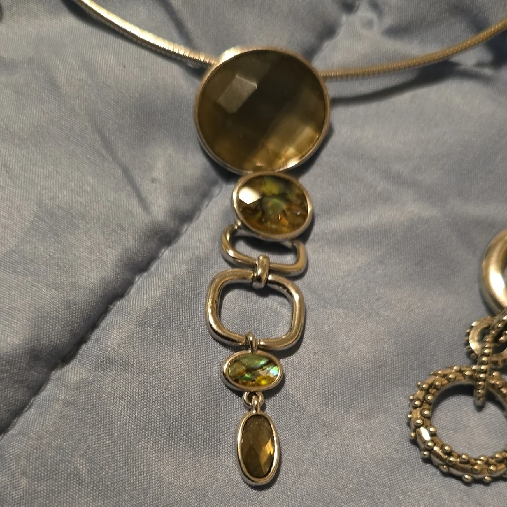 Silver Tone Green Gem Statement Necklace and Earring Set - Picture 2 of 4